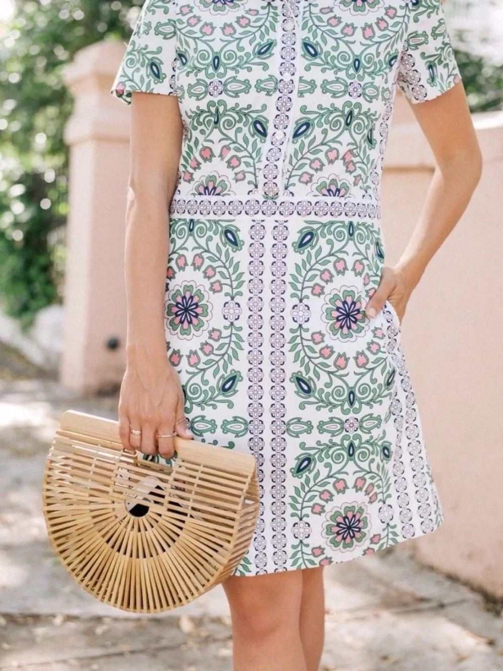 Tory Burch Floral Tile Print Short Sleeve Dress - White & Green